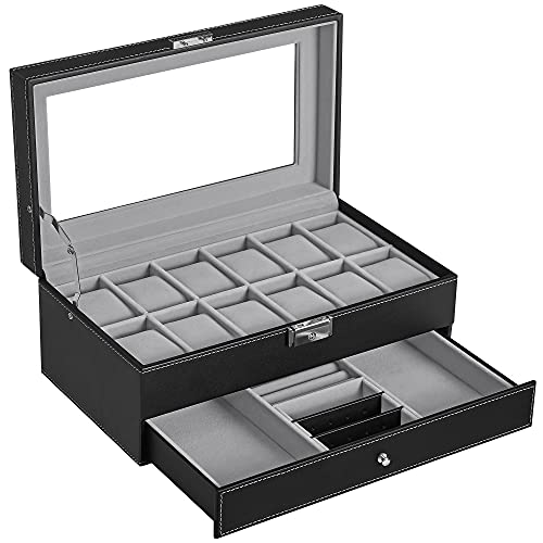 Watch Box, Watch Case with Glass Lid, 2-Tier Watch Display Case for 12 Watches, Lockable, 1 Drawer, for Rings, Bracelets, Gift Idea, Black Synthetic Leather, Grey Lining