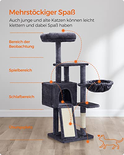 Cat Scratching Post 135 cm Small Cat Tree Multi-Tier Plush Cat Scratching Post with Washable Removable Perch Scratching Post Basket Cave Dark Grey