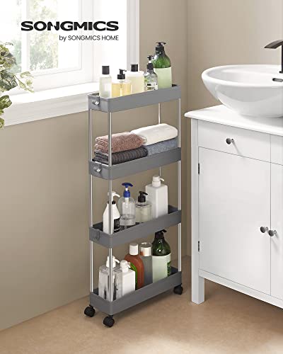 4-Tier Slide Out Storage Trolley, Rolling Cart on Wheels, Space-Saving Narrow Kitchen Bathroom Trolley, 40 x 12.5 x 86 cm, Grey