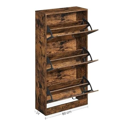 Shoe Cabinet With 3 Flip Doors, 3-Tier Wooden Storage Cupboard, Perfect for Narrow Entrance, Hallway, Living Room, Bedroom, 60 x 24 x 120 cm (L x W x H), Rustic Brown