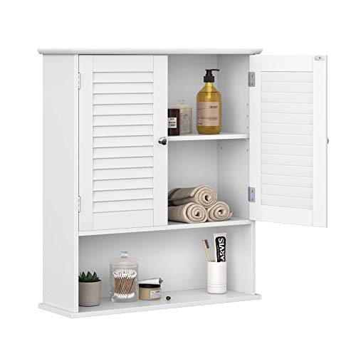 Wall Cabinet, Hanging Bathroom Storage Cabinet, Medicine Cupboard with Adjustable Shelf, Double Shutter Doors and Open Shelf, 60 x 20 x 70 cm, Wooden, White