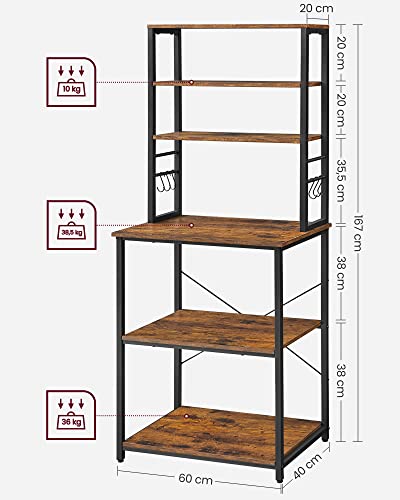 Kitchen Shelf, Standing Shelf for Kitchen, Microwave Shelf, Standing, 6 Shelves and 6 Hooks, for Microwave, Steel Frame, Industrial Design, 40 x 60 x 167 cm, Vintage Brown/Black