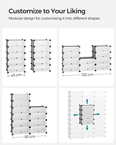 Interlocking Shoe Rack, Rectangular Storage Organiser, 10 Slot Modular DIY Storage Shelf Unit, 40 x 30 x 17 cm for Each Slot, Plastic Wardrobe with Doors, Grey