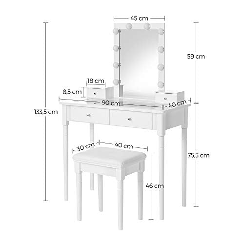 Dressing Table Set, Padded Stool and 10 Dimmable Bulbs, 2 Large and 2 Small Drawers, Transparent Tempered Glass Tabletop, Gift Idea, White