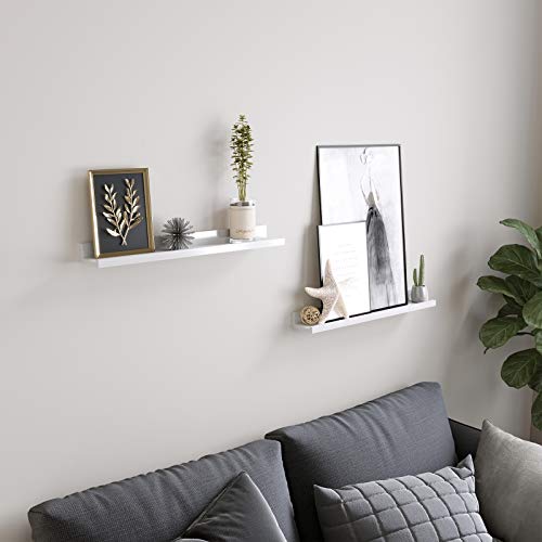 Floating Shelves Set of 2, Wall Shelves ledge with High Gloss Finish, 60 x 10 cm, for Picture Frames and Books, Living Room, Hallway, Bedroom, Bathroom, Kitchen, Office, White