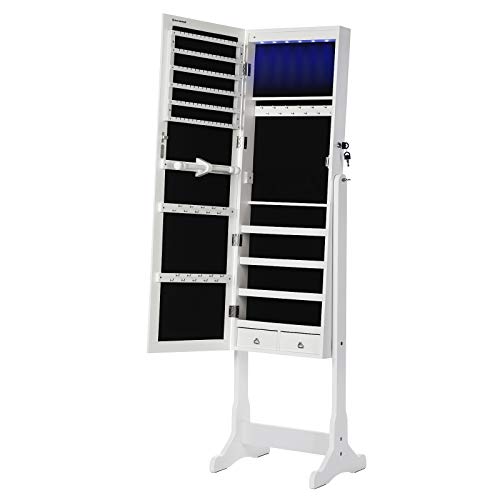 LED Jewelry Cabinet, Full Length Mirrored Jewellery Armoire, Lockable Jewellery Organiser with 2 Drawers, Sturdy and Stylish, Gift Idea, White