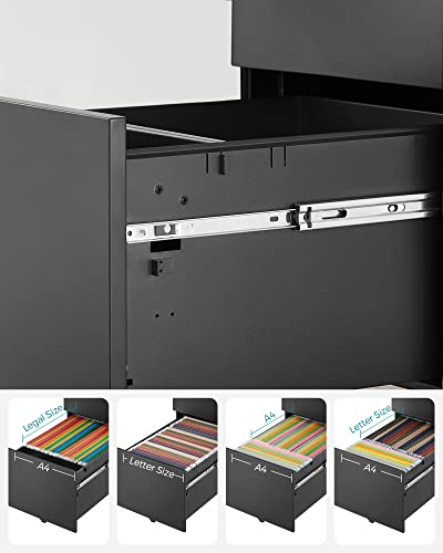 Mobile File Cabinet with 3 Drawers Lockable Steel Pedestal with Suspension File Hanging Rails, Fully Assembled Except Casters, Black