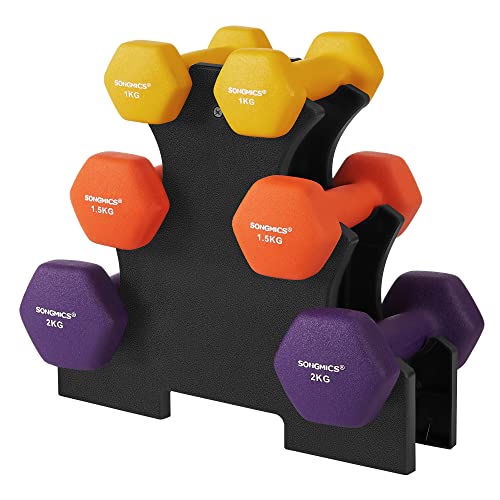 Hex Dumbbells Set with Stand, 2 x 1 kg, 2 x 1.5 kg, 2 x 2 kg, Hand Weights with Neoprene Matte Finish, for Home Exercise, Yellow, Orange, and Purple