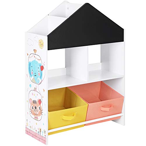 Kids’ Bookshelf, Storage Unit with Blackboard, Boxes, and Shelves, Multi-Functional for Children’s Room, Playroom, White, Black, Orange, and Yellow