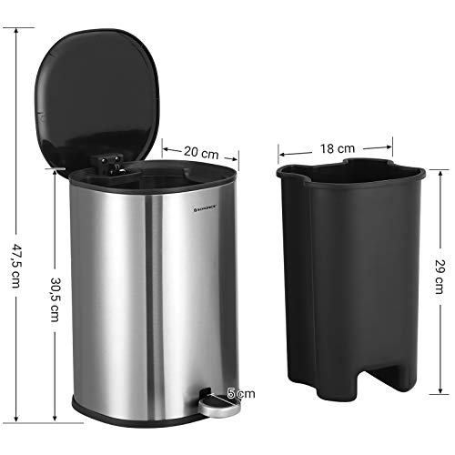 Rubbish Bin, 5 L Bathroom Bin, Steel Pedal Bin, with Inner Bucket, Soft-Close Lid, and Handle, for Bathroom, Toilet, Silver and Black