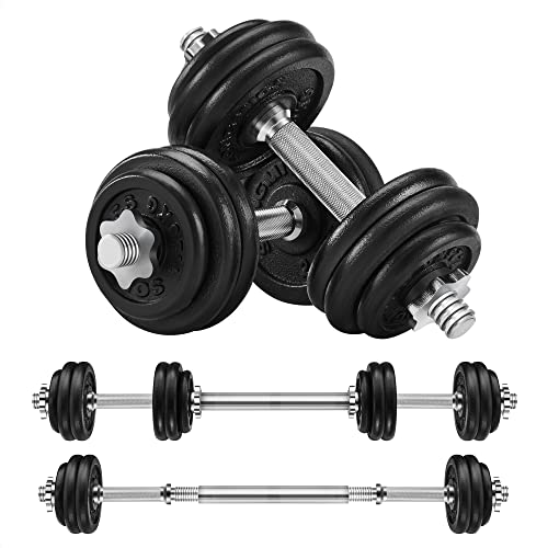 2-in-1 Dumbbells Set, 2 x 15 kg Cast Iron Adjustable Weights, with Extra Steel Barbell Bar, Fitness Training, Weight Lifting, at Home Gym, Black