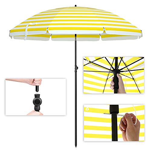 2 m Parasol, Beach Umbrella, Sun Protection with UPF 50+, Portable Octagonal Canopy, Tilt Mechanism, Air Vent, Carry Bag, for Beach, Gardens, Balcony, Pool, Yellow and White Stripes