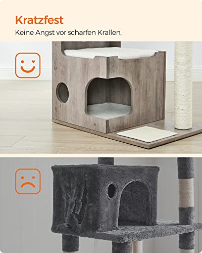 Cat Scratching Post 86 cm Medium Size Cat Scratching Post with 3 Lying Areas and Cave, Cat Tree Made of MDF with Wooden Veneer, Sisal Trunk, Washable Plush Cushions, Grey White