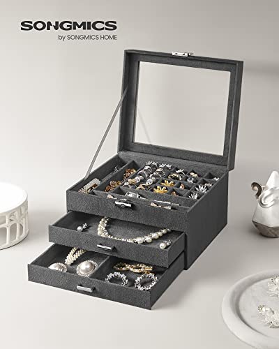 Jewellery Box, 3-Tier Velvet Jewellery Display Case and Organiser with Clear Glass Lid, Varying Compartments for Necklaces, Bracelets, Rings, Lock and Key, Grey