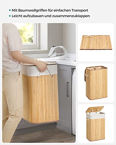 Bamboo Laundry Basket, XL Foldable Storage Hamper with Removable Washable Lining, 72L, 40 x 30 x 60 cm, Natural