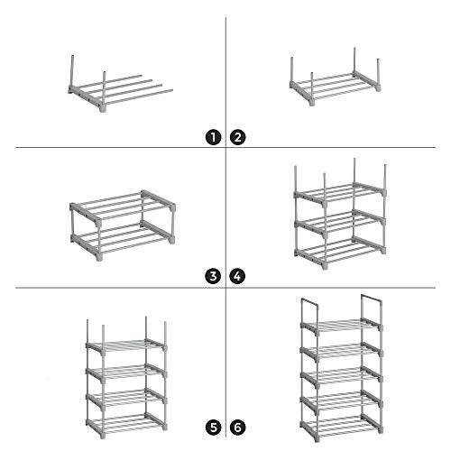 5-Tier Shoe Rack, Metal Shoe Storage Organiser, Stackable Storage Rack, Space-Saving, Freestanding Shelf, for Hallway, Bedroom, Living Room, Grey