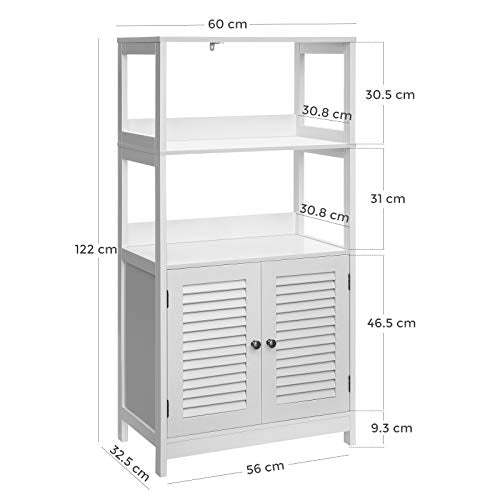 Bathroom Floor Cabinet, Tall Storage Cabinet, Freestanding Bookshelf with 2 Open Shelves and Double Doors, 60 x 32.5 x 122 cm, for Living Room, Kitchen, Study, Entryway, Matte White