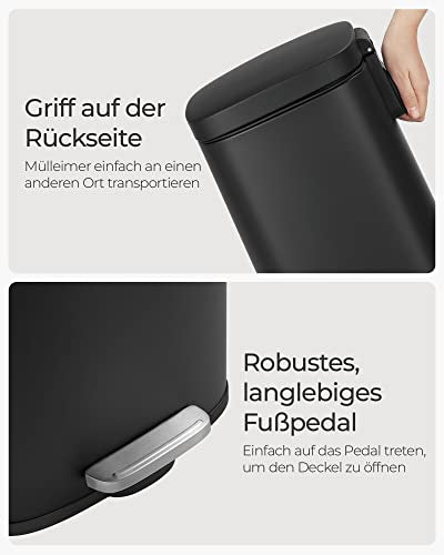 Kitchen Bin 30L, Pedal Bin, Rubbish Bin with Soft-Close Lid and Inner Bucket, Steel, Black