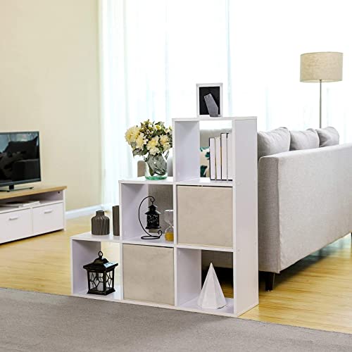 Stair Shelf Bookcase Step Shelf with 6 Cube Ladder Shelf Room Divider Cube Shelf Freestanding Office Living Room Bedroom White