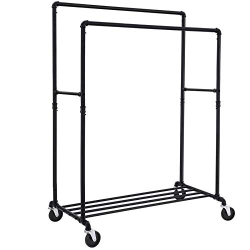 Industrial Pipe Clothes Rack on Wheels, Maximum load of 110 Kg, Double Hanging Rail, Heavy Duty Metal with Shelf, Commercial Grade, Black