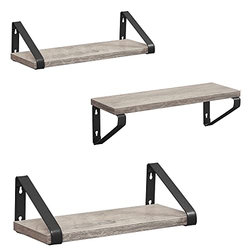 Industrial Design Floating Shelves Set of 3 Wall Mounted Sturdy Shelves for Display Living Room Bathroom Kitchen Grey Black