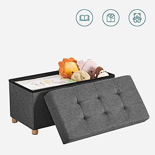 Storage Ottoman, Padded Foldable Bench, Chest with Lid, Solid Wood Feet, Space-Saving, 65L Capacity, Holds up to 300 kg, for Bedroom, Hallway, Children’s Room, Dark Grey