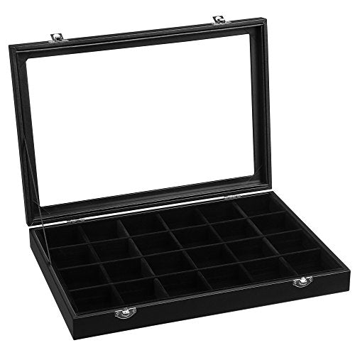 Jewellery Box, Jewellery Organiser with 24 Compartments, Ring Display Case with Velvet Lining, Jewellery Display Boxwith Glass Lid and Closure, Gift Idea, Black