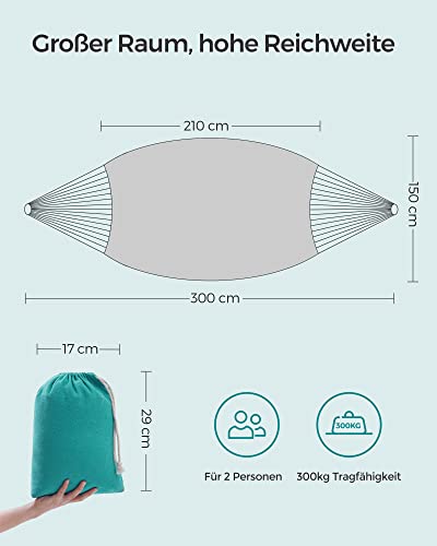 Hammock, 210 x 150 cm, Double Hammock, 300 kg Load Capacity, for Terrace, Balcony, Garden, Outdoor, Camping, with Carry Bag, Fastening Straps and Carabiners, Turquoise