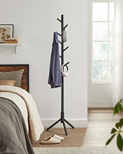 Standing Coat Rack, Solid Wood Coat Rack, Tree-Shaped Coat Rack with 8 Hooks, 3 Height Options, for Clothes, Hats, Bags, for Living Room, Bedroom, Home Office, Black