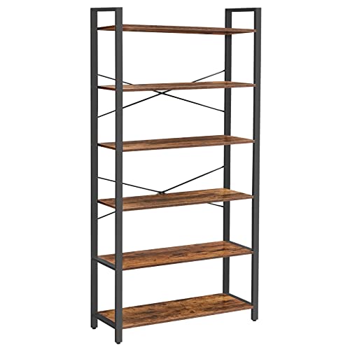 Bookshelf, 6-Tier Shelving Unit with Steel Frame, Tall Rustic Shelves for Living Room, Office, Study, Hallway, Industrial Style, 80 x 30 x 186 cm, Rustic Brown and Black