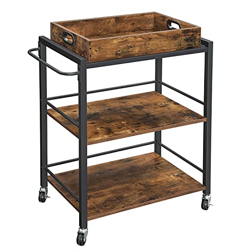 Kitchen Trolley with Removable Tray, Serving Cart Trolley, Universal Castors with Brakes, Leveling Feet, Steel Structure, Kitchen Shelf, 65 x 40 x 86 cm, Rustic Brown