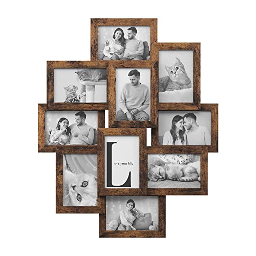 Collage Picture Frames for 10 Photos in 10 x 15 cm, Assembly Required, Collage Multiple Photos, Wall Mounted, PS Front, Wooden Grain, Rustic Brown