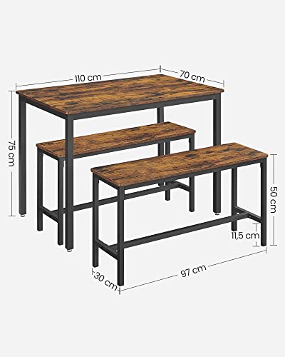 Dining Table with 2 Benches, 3 Pieces Set, Kitchen Table of 110 x 70 x 75 cm, 2 Benches of 97 x 30 x 50 cm Each, Steel Frame, Industrial Design, Rustic Brown and Black