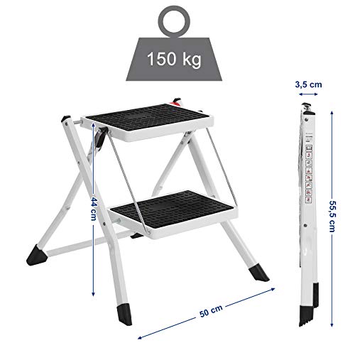 2 Step Ladder, Heavy Duty Steel, Folding, Portable with Anti-Slip Mat Max. Load Capacity up to 150 kg Tested and Certified by TÜV Rheinland