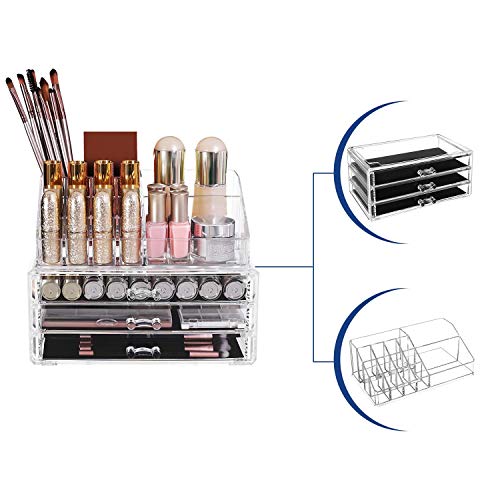 Makeup Organiser, 2-Piece Set Makeup Box, Cosmetic Organiser with 3 Drawers and 15 Various Compartments, for Lipsticks, Brushes, Transparent