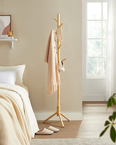 Standing Coat Rack, Solid Wood Coat Rack, Tree-Shaped Coat Rack with 8 Hooks, 3 Height Options, for Clothes, Hats, Bags, for Living Room, Bedroom, Home Office, Natural