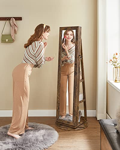 360° Swivel Jewellery Cabinet, High Full Length Mirror, Lockable Jewellery Organiser with Built-In Small Mirror, Rear Storage Shelves, Rustic Brown