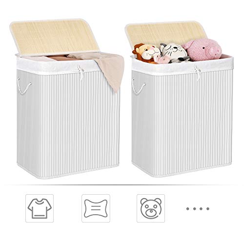 Divided Laundry Basket with Lid, Bamboo Laundry Hamper with 2 Sections, Removable Liners, Cotton Handles, 100L Storage Capacity, for Laundry Room, Bedroom, White