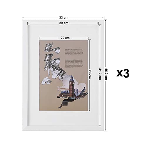 Picture Frame Set of 3, A3 (29.7 x 42 cm) without Mat, A4 (21 x 29.7 cm) with Mat, Glass Front, Home and Office, White MDF Photo Frames