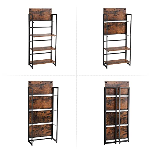 Bookcase, Industrial Folding Storage Rack, 4-Tier Bookshelf, Multifunctional Shelving Unit, Easy Assembly, with Metal Frame, for Living Room, Bedroom, kitchen, Rustic Brown