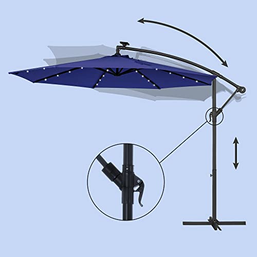 Cantilever Garden Patio Parasol with Solar-Powered LED Lights, 3 m Offset Parasol with Base, UPF 50+ Banana Hanging Umbrella, Crank for Opening Closing, Navy Blue