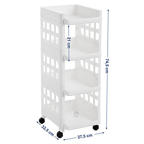 4 Tier Plastic Rolling Cart PP Storage Trolley with Castors for Kitchen Bathroom Utility and Organisation Cart White