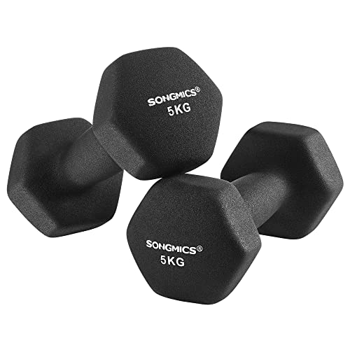 Set of 2 Dumbbells, 2 x 5 kg, Neoprene Hand Weights, Non-Slip Grip, Fitness Workouts, Black