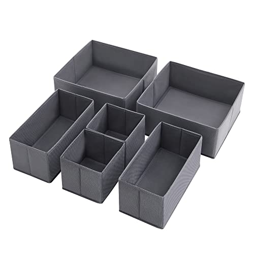 Drawer Organisers, Dresser Dividers, Set of 6, Foldable Fabric Storage Boxes for Socks, Underwear, Bras, Ties, Scarves, Grey