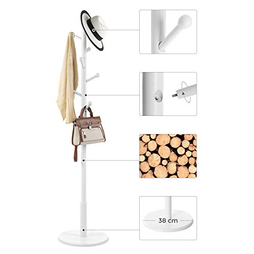 Coat Rack Free Standing Coat Tree with 7 Rounded Hooks, Wood Hall Tree, Entryway Coat Stand for Clothes, Hats, Purses, in the Entryway, Living Room, White