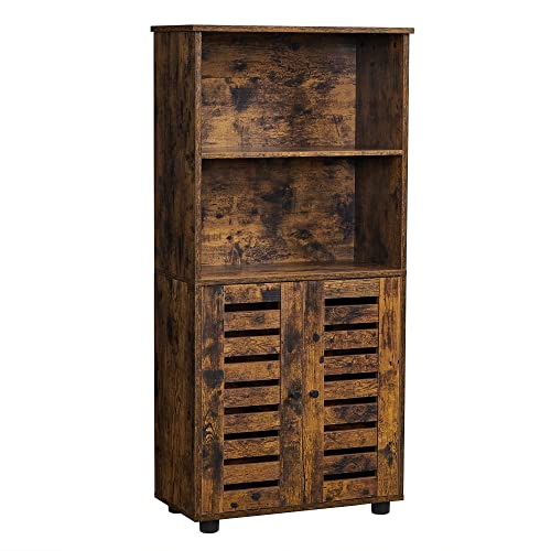 Floor Standing Cabinet, Storage Cabinet, Kitchen Cupboard, Bookcase with Louvered Doors, Open Compartments, Height-Adjustable Shelf, for Living Room, Kitchen, Rustic Brown