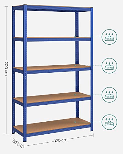 5-Tier Shelving Unit, Steel Shelving Unit for Storage, Tool-Free Assembly, for Garage, Shed, Load Capacity 875 kg, 60 x 120 x 200 cm, Blue