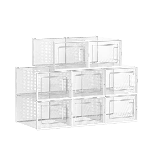 Shoe Boxes, Pack of 8 Stackable Shoe Storage Organisers, Foldable and Versatile for Sneakers, Fit up to UK Size 10.5, Transparent and White