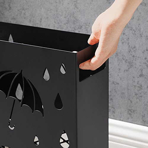 Umbrella Stand Metal Rectangular Umbrella Stand with Removable Water Drip Tray, 4 Hooks, Cutout Design, for Hallway and Office, Black