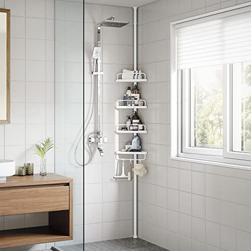 Adjustable Bathroom Corner Shelf, Telescopic Shower Caddy, 85-305 cm, Floor to Ceiling, with 4 Trays, 3 Hooks, White